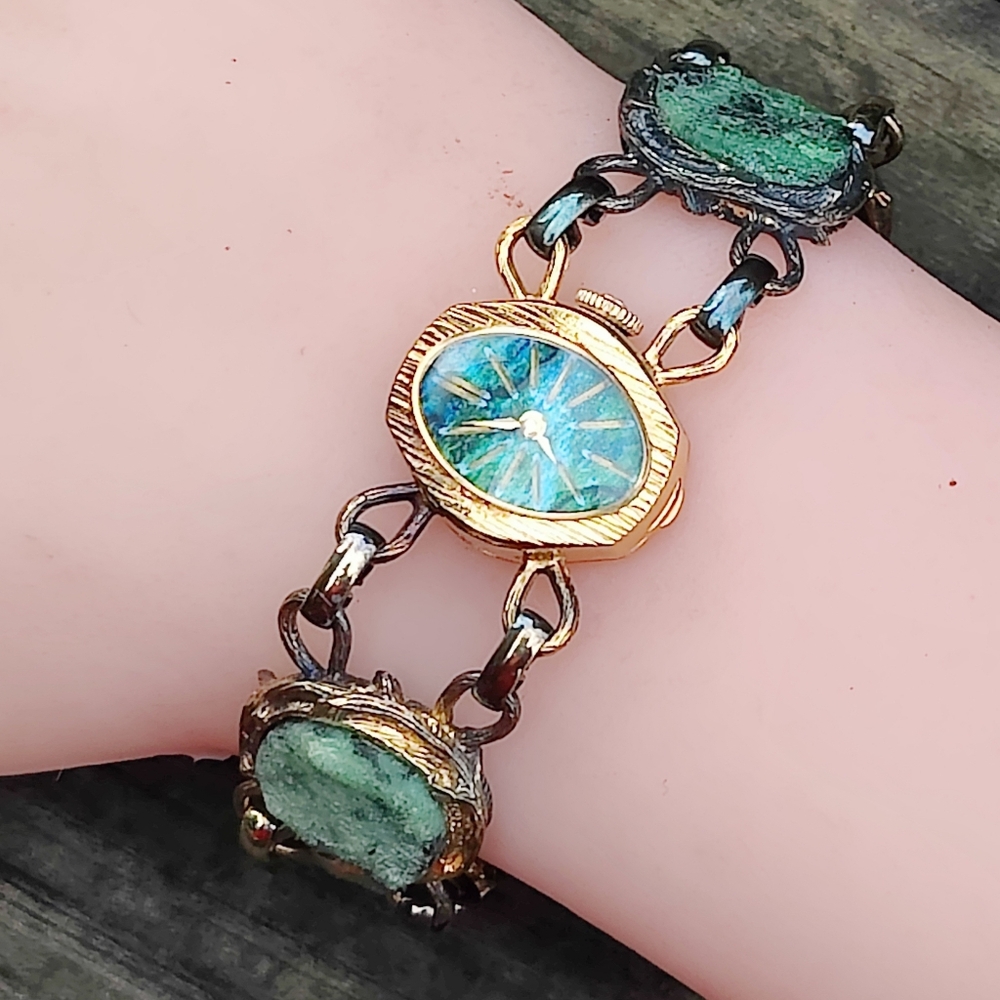 Antique 12K GF And Sterling Wells17 Jewels Chrysocolla Dial And Jade Watch - Picture 4 of 12